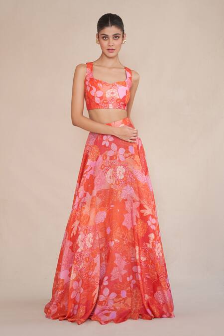 Buy_Ankita Dharman_Orange Silk Organza, Cotton, Lurex, Leatherette Floral Print Lehenga Set_Online_at_Aza_Fashions