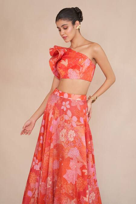 Ankita Dharman_Orange Lurex, Cotton Embroidery Floral Print Ruffle Blouse Lehenga Set_Online_at_Aza_Fashions