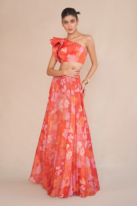 Buy_Ankita Dharman_Orange Lurex, Cotton Embroidery Floral Print Ruffle Blouse Lehenga Set_Online_at_Aza_Fashions