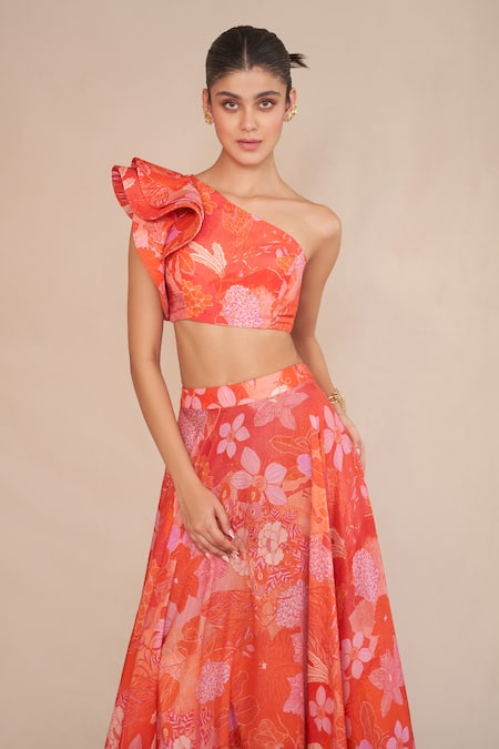 Shop_Ankita Dharman_Orange Lurex, Cotton Embroidery Floral Print Ruffle Blouse Lehenga Set_Online_at_Aza_Fashions