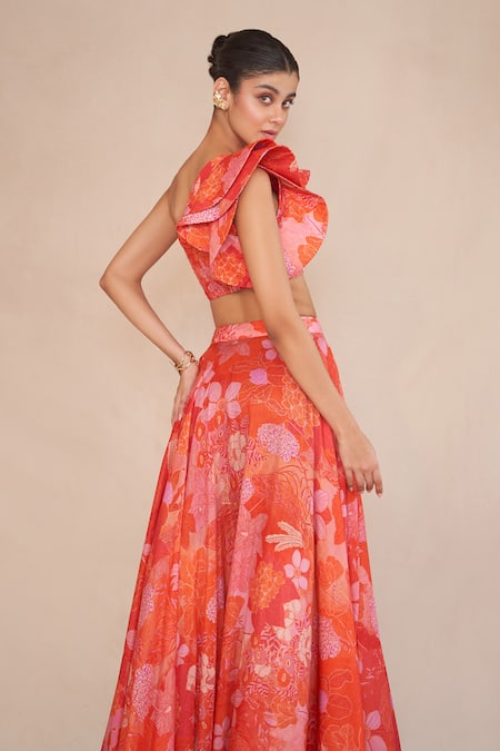 Ankita Dharman_Orange Lurex, Cotton Embroidery Floral Print Ruffle Blouse Lehenga Set_at_Aza_Fashions