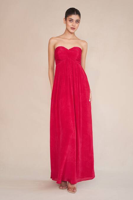 Ankita Dharman Magenta Crepe, Linen Sweetheart Neck Floral Printed Strapless Maxi Dress Online at Aza Fashions Ankita Dharman_Magenta Crepe, Linen Sweetheart Neck Floral Printed Strapless Maxi Dress_Online_at_Aza_Fashions