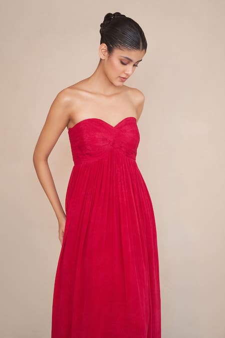 Buy Ankita Dharman Magenta Crepe, Linen Sweetheart Neck Floral Printed Strapless Maxi Dress Online at Aza Fashions Buy_Ankita Dharman_Magenta Crepe, Linen Sweetheart Neck Floral Printed Strapless Maxi Dress_Online_at_Aza_Fashions