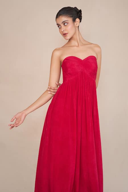 Shop Ankita Dharman Magenta Crepe, Linen Sweetheart Neck Floral Printed Strapless Maxi Dress Online at Aza Fashions Shop_Ankita Dharman_Magenta Crepe, Linen Sweetheart Neck Floral Printed Strapless Maxi Dress_Online_at_Aza_Fashions