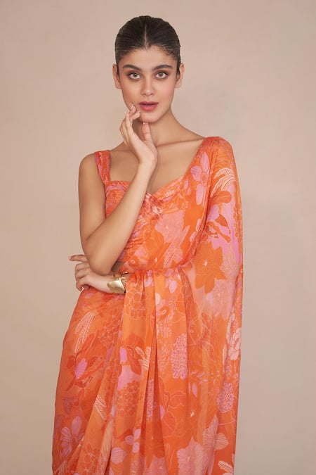 Buy_Ankita Dharman_Orange Muslin, Chiffon Sweetheart Neck Floral Printed Pre-draped Ruffle Saree_Online_at_Aza_Fashions