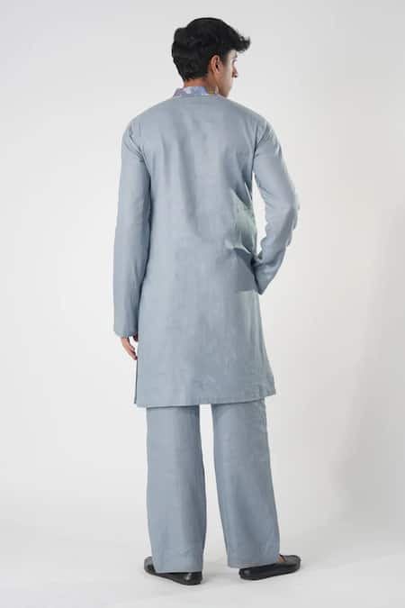 Shop_Orthodox_Blue Bamboo, Hemp Embroidery Aari Bloom Kurta _at_Aza_Fashions