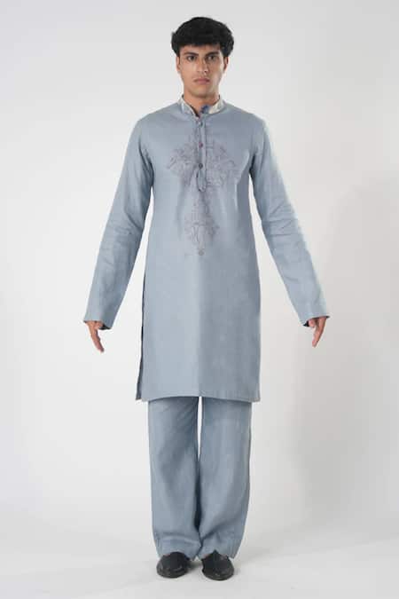 Orthodox_Blue Bamboo, Hemp Embroidery Aari Bloom Kurta _Online_at_Aza_Fashions