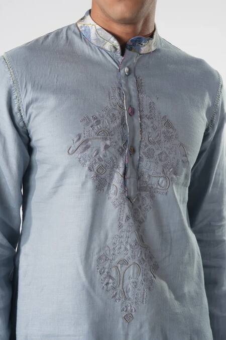 Buy_Orthodox_Blue Bamboo, Hemp Embroidery Aari Bloom Kurta _Online_at_Aza_Fashions