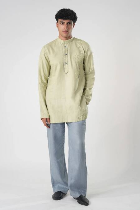 Orthodox_Green Bamboo, Hemp Embroidery Aari Short Kurta _Online_at_Aza_Fashions