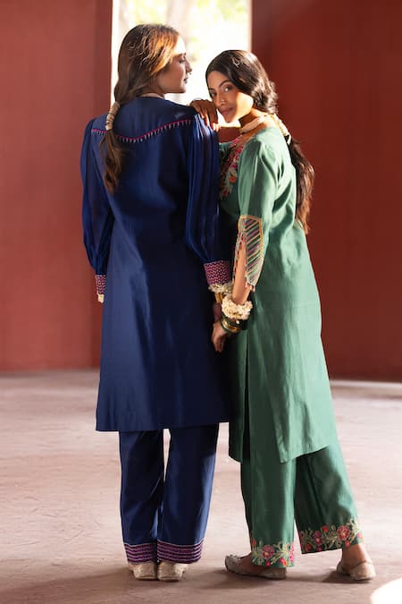 Shop Kahani Lush Blue Chanderi Sequins, Beads, Embroidery V-neck Floral Kurta And Pant Set at Aza Fashions Shop_Kahani Lush_Blue Chanderi Sequins, Beads, Embroidery V-neck Floral Kurta And Pant Set _at_Aza_Fashions