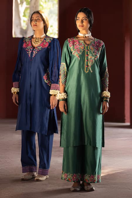 Buy Kahani Lush Blue Chanderi Sequins, Beads, Embroidery V-neck Floral Kurta And Pant Set Online at Aza Fashions Buy_Kahani Lush_Blue Chanderi Sequins, Beads, Embroidery V-neck Floral Kurta And Pant Set _Online_at_Aza_Fashions