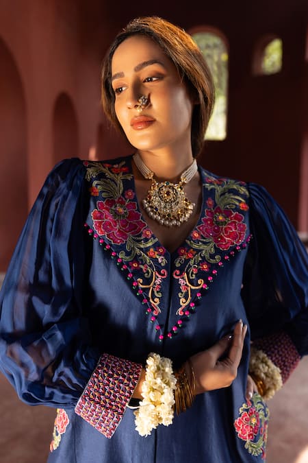 Shop Kahani Lush Blue Chanderi Sequins, Beads, Embroidery V-neck Floral Kurta And Pant Set Online at Aza Fashions Shop_Kahani Lush_Blue Chanderi Sequins, Beads, Embroidery V-neck Floral Kurta And Pant Set _Online_at_Aza_Fashions