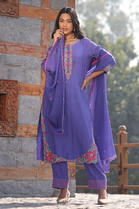 Kahani Lush_Purple Cotton, Silk Embroidery, Sequins, Beads Round Neck Floral Kurta Set _Online_at_Aza_Fashions