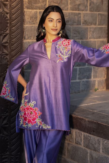 Shop_Kahani Lush_Purple Chanderi Sequins, Beads, Embroidery Mandarin Floral Tunic And Pant Set _Online_at_Aza_Fashions