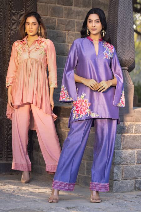 Kahani Lush_Purple Chanderi Sequins, Beads, Embroidery Mandarin Floral Tunic And Pant Set _at_Aza_Fashions