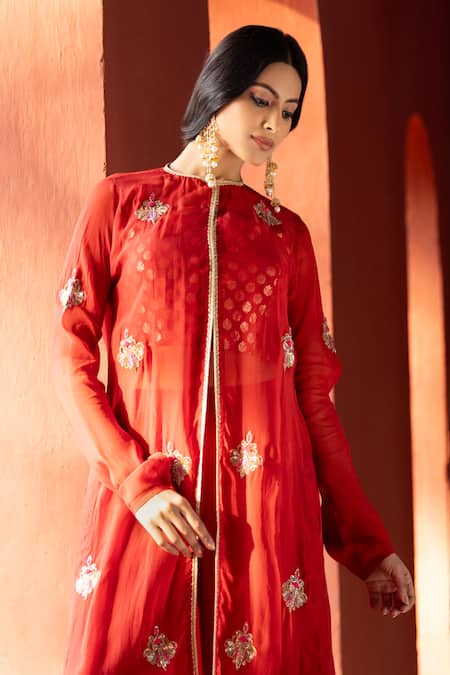 Shop Kahani Lush Rust Organza Embroidery, Sequins, Beads Collared Floral Zardozi Shrug Pant Set at Aza Fashions Shop_Kahani Lush_Rust Organza Embroidery, Sequins, Beads Collared Floral Zardozi Shrug Pant Set _at_Aza_Fashions