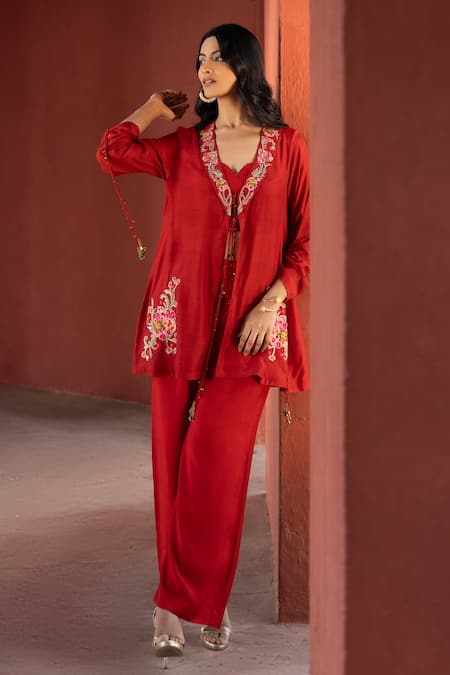 Buy Kahani Lush Red Georgette Sequins, Embroidery, Zari Shawl Neck Floral Jacket Kurta Set Online at Aza Fashions Buy_Kahani Lush_Red Georgette Sequins, Embroidery, Zari Shawl Neck Floral Jacket Kurta Set _Online_at_Aza_Fashions