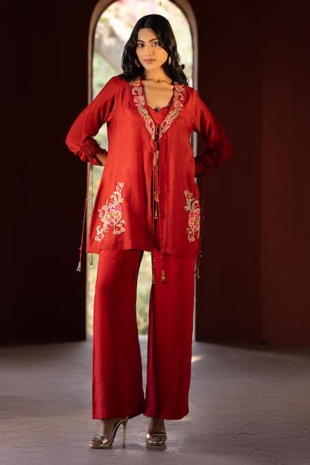 Kahani Lush Red Georgette Sequins, Embroidery, Zari Shawl Neck Floral Jacket Kurta Set at Aza Fashions Kahani Lush_Red Georgette Sequins, Embroidery, Zari Shawl Neck Floral Jacket Kurta Set _at_Aza_Fashions