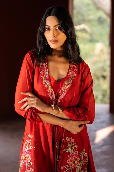 Buy Kahani Lush Red Georgette Sequins, Embroidery, Zari Shawl Neck Floral Jacket Kurta Set Buy_Kahani Lush_Red Georgette Sequins, Embroidery, Zari Shawl Neck Floral Jacket Kurta Set