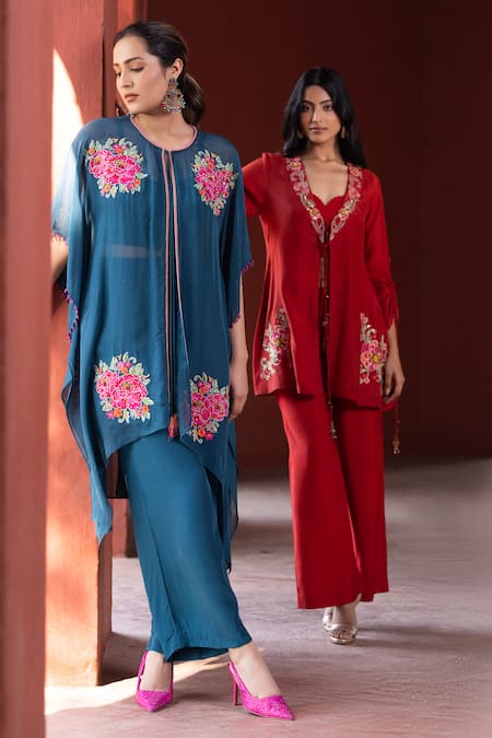 Shop Kahani Lush Red Georgette Sequins, Embroidery, Zari Shawl Neck Floral Jacket Kurta Set Shop_Kahani Lush_Red Georgette Sequins, Embroidery, Zari Shawl Neck Floral Jacket Kurta Set