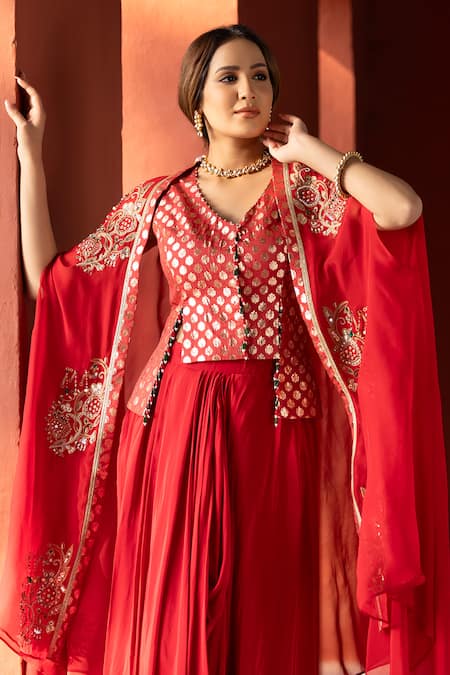 Kahani Lush_Red Crepe Beads, Sequins, Zari, Embroidery V-neck, Floral Zardozi Shrug Set _Online_at_Aza_Fashions