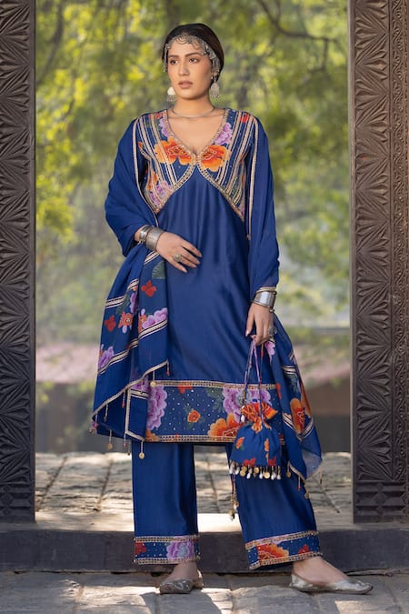 Buy Kahani Lush Blue Chanderi Sequins, Zari, Beads V-neck Floral Embroidered Kurta Set Online at Aza Fashions Buy_Kahani Lush_Blue Chanderi Sequins, Zari, Beads V-neck Floral Embroidered Kurta Set _Online_at_Aza_Fashions