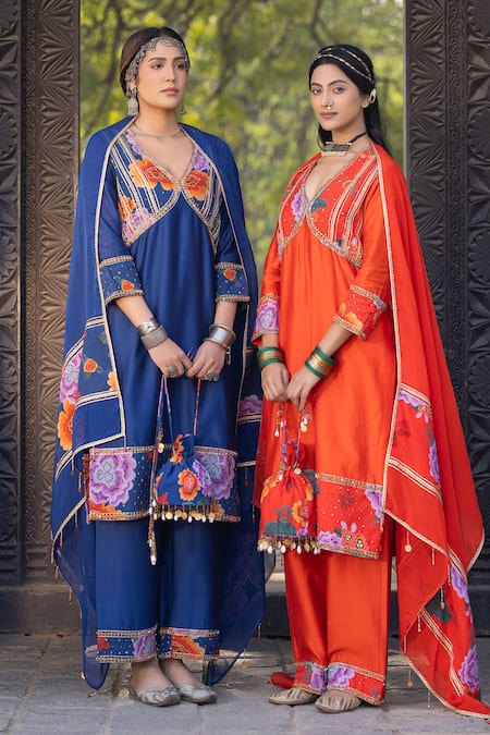 Buy Kahani Lush Blue Chanderi Sequins, Zari, Beads V-neck Floral Embroidered Kurta Set Buy_Kahani Lush_Blue Chanderi Sequins, Zari, Beads V-neck Floral Embroidered Kurta Set