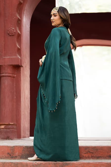 Shop Kahani Lush Green Crepe Zari, Sequins, Beads Zardozi Embellished Jacket And Dhoti Skirt Set at Aza Fashions Shop_Kahani Lush_Green Crepe Zari, Sequins, Beads Zardozi Embellished Jacket And Dhoti Skirt Set _at_Aza_Fashions