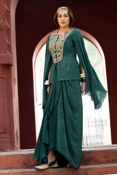 Buy Kahani Lush Green Crepe Zari, Sequins, Beads Zardozi Embellished Jacket And Dhoti Skirt Set Online at Aza Fashions Buy_Kahani Lush_Green Crepe Zari, Sequins, Beads Zardozi Embellished Jacket And Dhoti Skirt Set _Online_at_Aza_Fashions