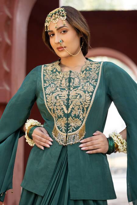 Shop Kahani Lush Green Crepe Zari, Sequins, Beads Zardozi Embellished Jacket And Dhoti Skirt Set Online at Aza Fashions Shop_Kahani Lush_Green Crepe Zari, Sequins, Beads Zardozi Embellished Jacket And Dhoti Skirt Set _Online_at_Aza_Fashions