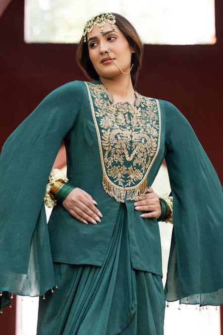Kahani Lush Green Crepe Zari, Sequins, Beads Zardozi Embellished Jacket And Dhoti Skirt Set at Aza Fashions Kahani Lush_Green Crepe Zari, Sequins, Beads Zardozi Embellished Jacket And Dhoti Skirt Set _at_Aza_Fashions