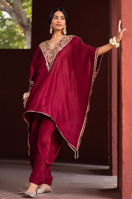 Buy Kahani Lush Red Chanderi Zari, Sequins, Beads V-neck Embellished Kaftan And Cowl Pant Set Online at Aza Fashions Buy_Kahani Lush_Red Chanderi Zari, Sequins, Beads V-neck Embellished Kaftan And Cowl Pant Set _Online_at_Aza_Fashions