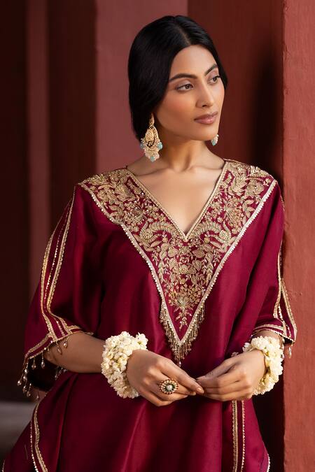 Shop Kahani Lush Red Chanderi Zari, Sequins, Beads V-neck Embellished Kaftan And Cowl Pant Set Online at Aza Fashions Shop_Kahani Lush_Red Chanderi Zari, Sequins, Beads V-neck Embellished Kaftan And Cowl Pant Set _Online_at_Aza_Fashions