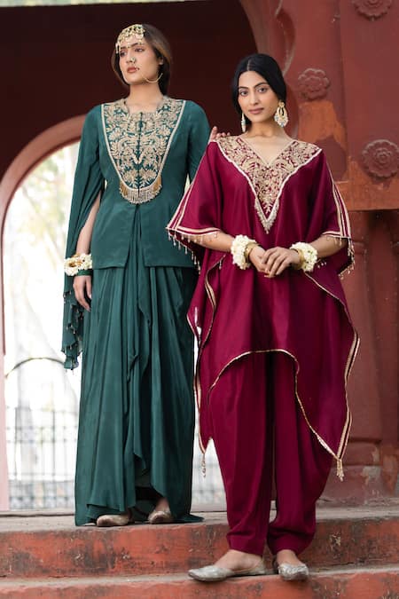 Kahani Lush Red Chanderi Zari, Sequins, Beads V-neck Embellished Kaftan And Cowl Pant Set at Aza Fashions Kahani Lush_Red Chanderi Zari, Sequins, Beads V-neck Embellished Kaftan And Cowl Pant Set _at_Aza_Fashions