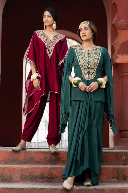 Buy Kahani Lush Red Chanderi Zari, Sequins, Beads V-neck Embellished Kaftan And Cowl Pant Set Buy_Kahani Lush_Red Chanderi Zari, Sequins, Beads V-neck Embellished Kaftan And Cowl Pant Set