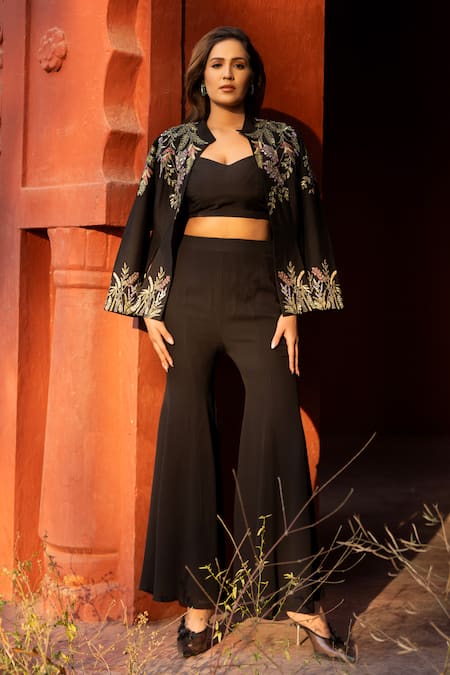 Shop Kahani Lush Black Chanderi Sequins, Beads, Zari Embroidered Jacket And Flared Pant Set at Aza Fashions Shop_Kahani Lush_Black Chanderi Sequins, Beads, Zari Embroidered Jacket And Flared Pant Set _at_Aza_Fashions