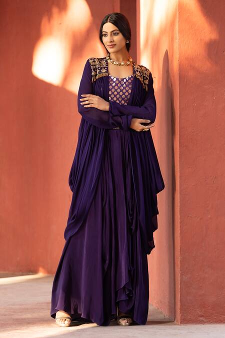 Buy_Kahani Lush_Purple Chanderi, Crepe Beads, Embroidery, Floral Zardozi Shrug Dhoti Set _Online_at_Aza_Fashions