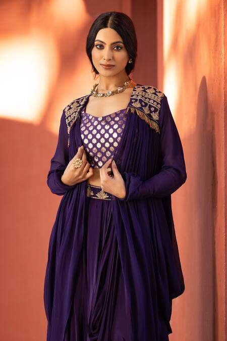 Shop_Kahani Lush_Purple Chanderi, Crepe Beads, Embroidery, Floral Zardozi Shrug Dhoti Set _Online_at_Aza_Fashions