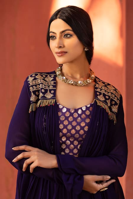 Kahani Lush_Purple Chanderi, Crepe Beads, Embroidery, Floral Zardozi Shrug Dhoti Set _at_Aza_Fashions