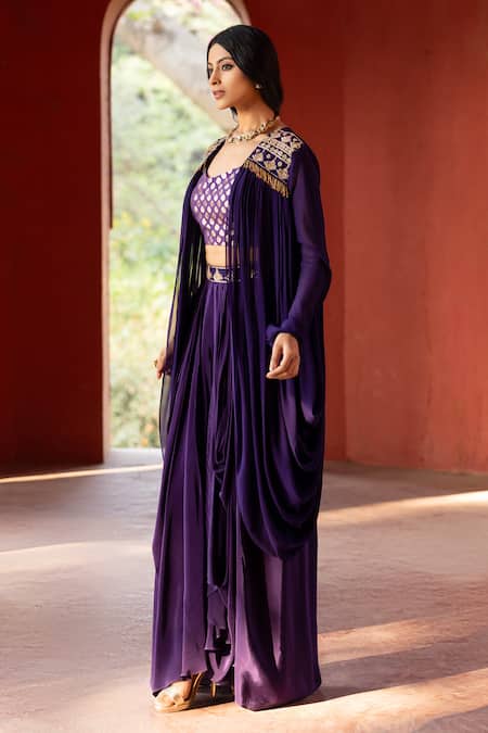 Buy_Kahani Lush_Purple Chanderi, Crepe Beads, Embroidery, Floral Zardozi Shrug Dhoti Set 