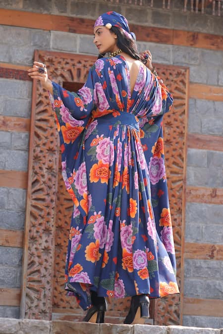 Kahani Lush_Blue Cotton, Silk Beads V-neck Floral Print Embroidered Kaftan Dress _Online_at_Aza_Fashions