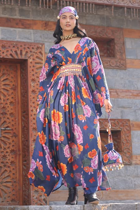 Buy_Kahani Lush_Blue Cotton, Silk Beads V-neck Floral Print Embroidered Kaftan Dress _Online_at_Aza_Fashions