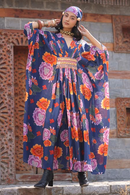 Shop_Kahani Lush_Blue Cotton, Silk Beads V-neck Floral Print Embroidered Kaftan Dress _Online_at_Aza_Fashions