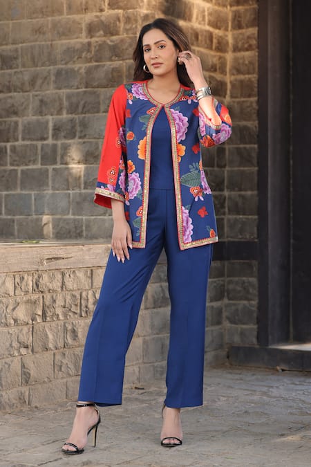 Kahani Lush_Blue Cotton, Silk Beads Round Neck Floral Print Embroidered Jacket Pant Set _Online_at_Aza_Fashions