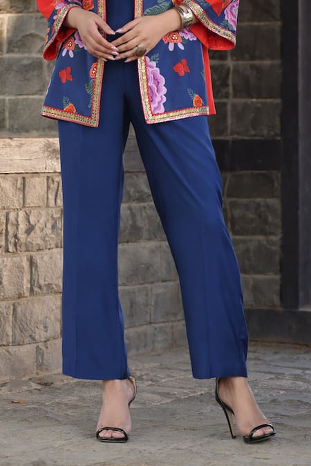 Buy Kahani Lush Blue Cotton, Silk Beads Round Neck Floral Print Embroidered Jacket Pant Set Online at Aza Fashions Buy_Kahani Lush_Blue Cotton, Silk Beads Round Neck Floral Print Embroidered Jacket Pant Set _Online_at_Aza_Fashions