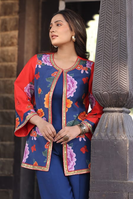 Shop_Kahani Lush_Blue Cotton, Silk Beads Round Neck Floral Print Embroidered Jacket Pant Set _Online_at_Aza_Fashions