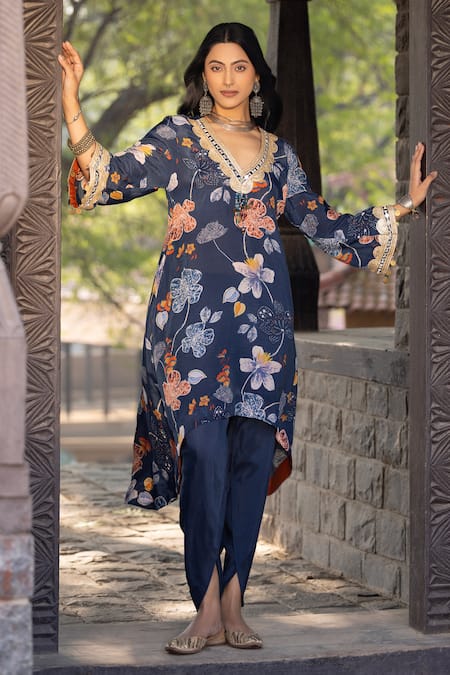 Shop Kahani Lush Blue Cotton, Silk Mirrors V-neck Botanical Print Kurta And Dhoti Pant Set at Aza Fashions Shop_Kahani Lush_Blue Cotton, Silk Mirrors V-neck Botanical Print Kurta And Dhoti Pant Set _at_Aza_Fashions