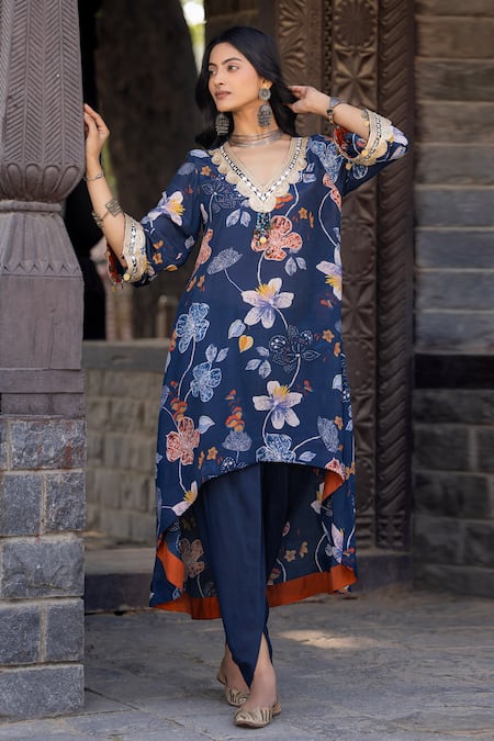 Buy Kahani Lush Blue Cotton, Silk Mirrors V-neck Botanical Print Kurta And Dhoti Pant Set Online at Aza Fashions Buy_Kahani Lush_Blue Cotton, Silk Mirrors V-neck Botanical Print Kurta And Dhoti Pant Set _Online_at_Aza_Fashions