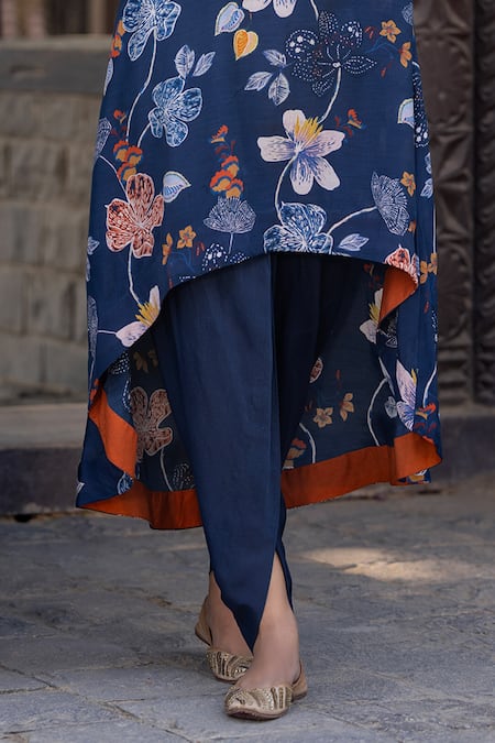 Shop Kahani Lush Blue Cotton, Silk Mirrors V-neck Botanical Print Kurta And Dhoti Pant Set Online at Aza Fashions Shop_Kahani Lush_Blue Cotton, Silk Mirrors V-neck Botanical Print Kurta And Dhoti Pant Set _Online_at_Aza_Fashions