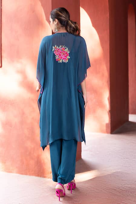 Shop Kahani Lush Blue Organza Embroidery, Sequins, Beads Round Neck, Floral Shrug Pant Set at Aza Fashions Shop_Kahani Lush_Blue Organza Embroidery, Sequins, Beads Round Neck, Floral Shrug Pant Set _at_Aza_Fashions